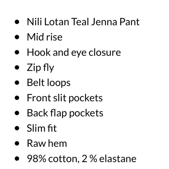 NILI LOTAN Jenna Pant, Teal Blue, Size 10, EUC